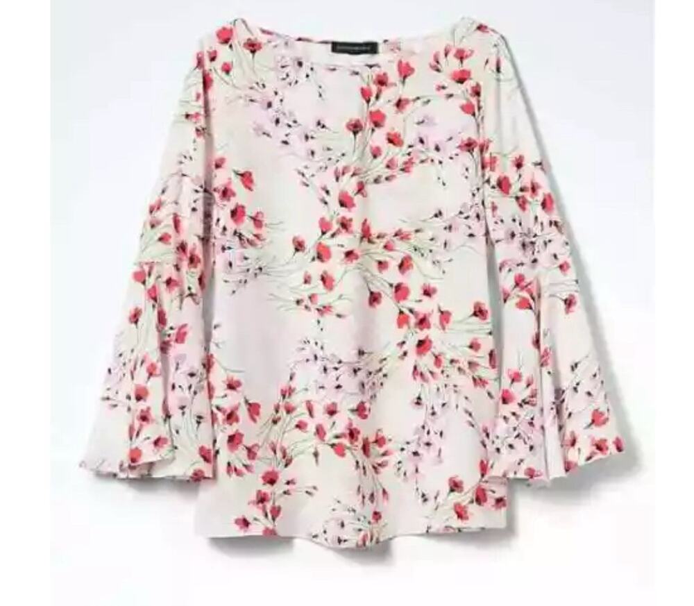 Floral Fluted-Sleeve Top White Floral Whimsical Fairy Artsy Banana Republic Sz M